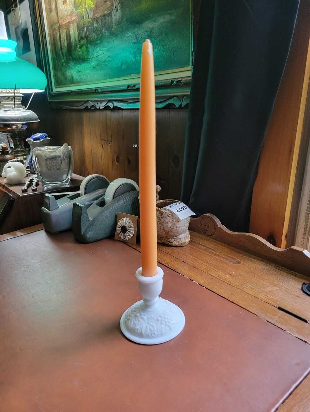 Taper Candle in Warm Apricot with White Milk Glass Holder